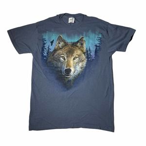 Vintage 90s Wolf Blue T-Shirt Size‎ Medium Wolves Nature Animals Wildlife